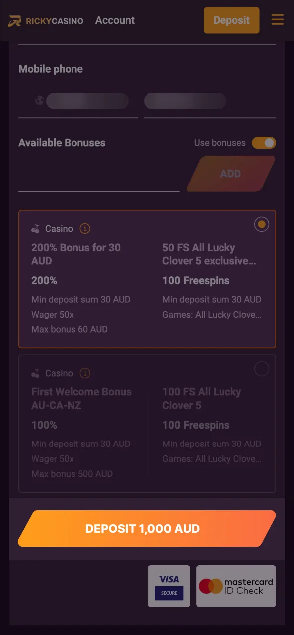Ricky Casino deposit confirmation through secure bank or wallet prompts.