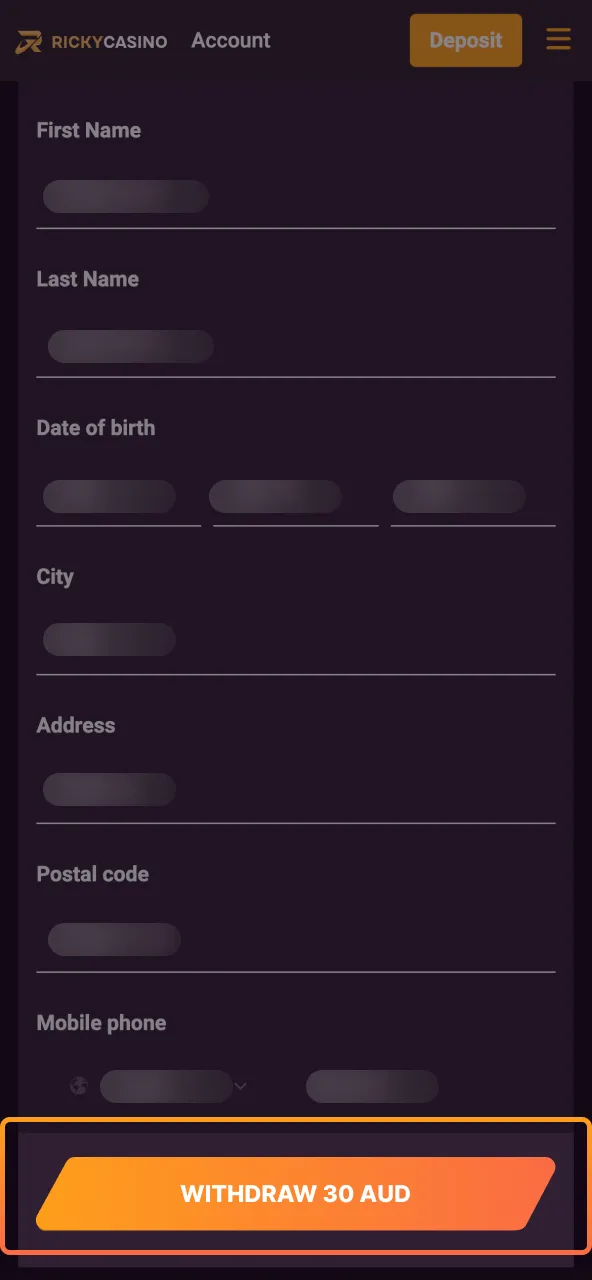 Confirm withdrawal details and submit request at Ricky Casino cashier.