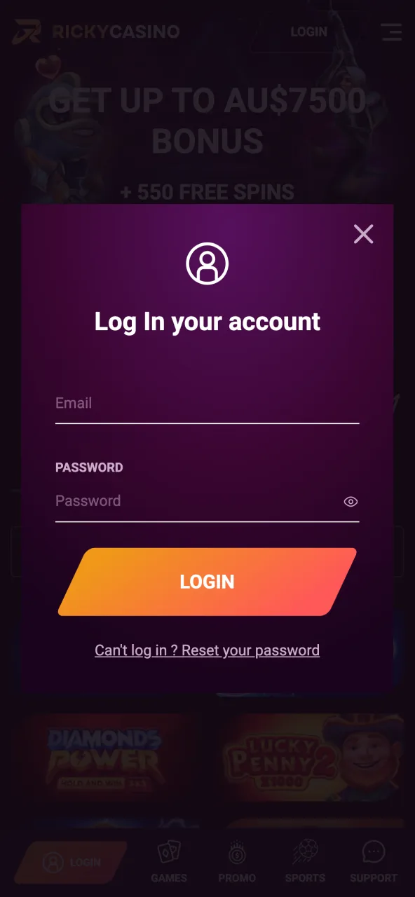 Ricky Casino login gives access to account profile and bonus status.