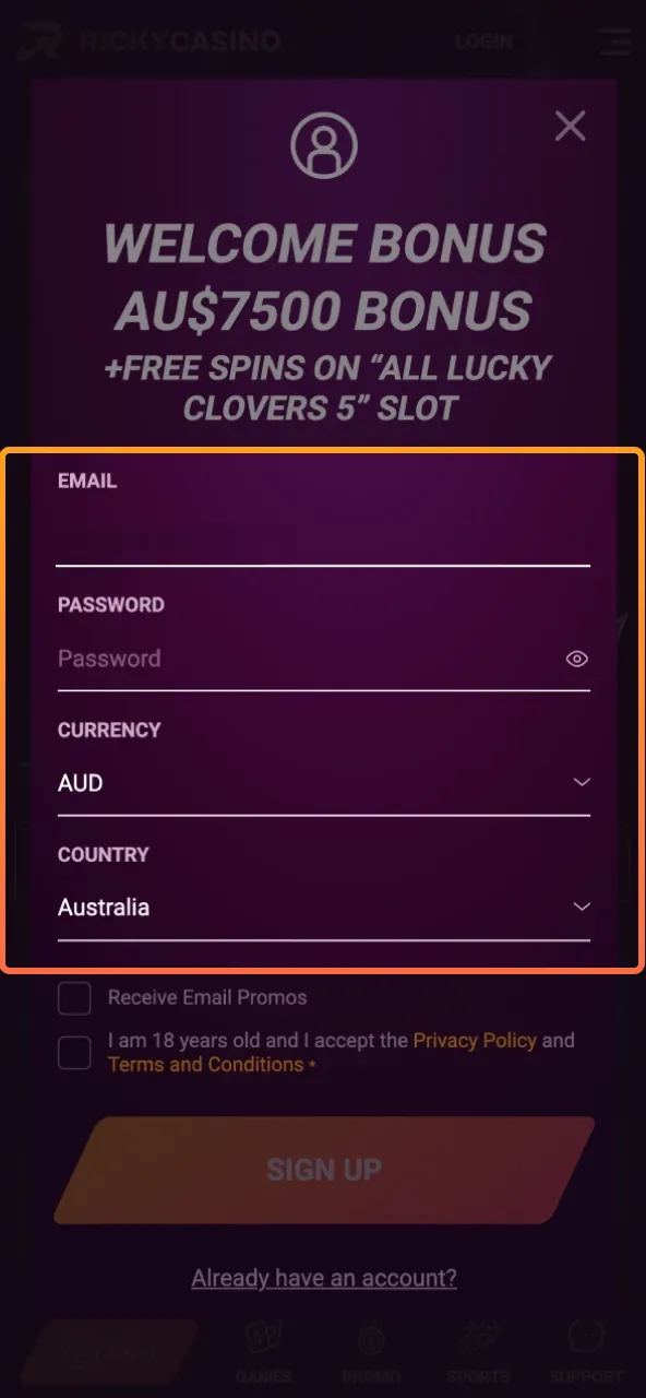 Add info and create secure password or app PIN at Ricky Casino.
