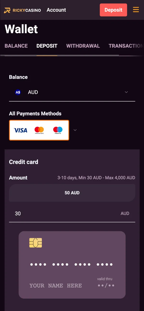 Finish Ricky Casino setup by setting deposit limits and making first deposit.